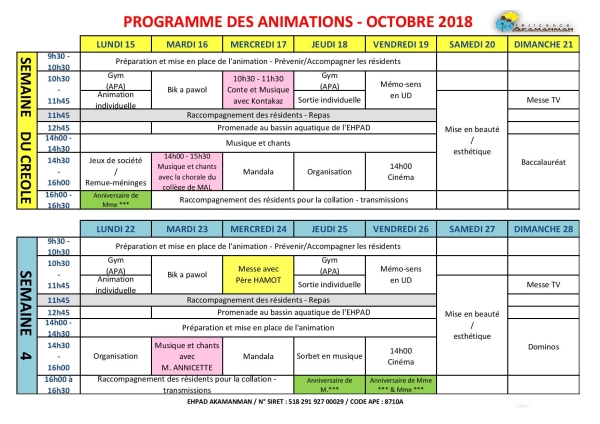 ANIMATIONS MOIS OCTOBRE 2018 EHPAD AKAMANMAN